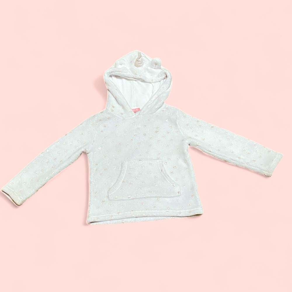 BCBG GIRLS unicorn fluffy sweatshirt, white with rose gold stars size 6